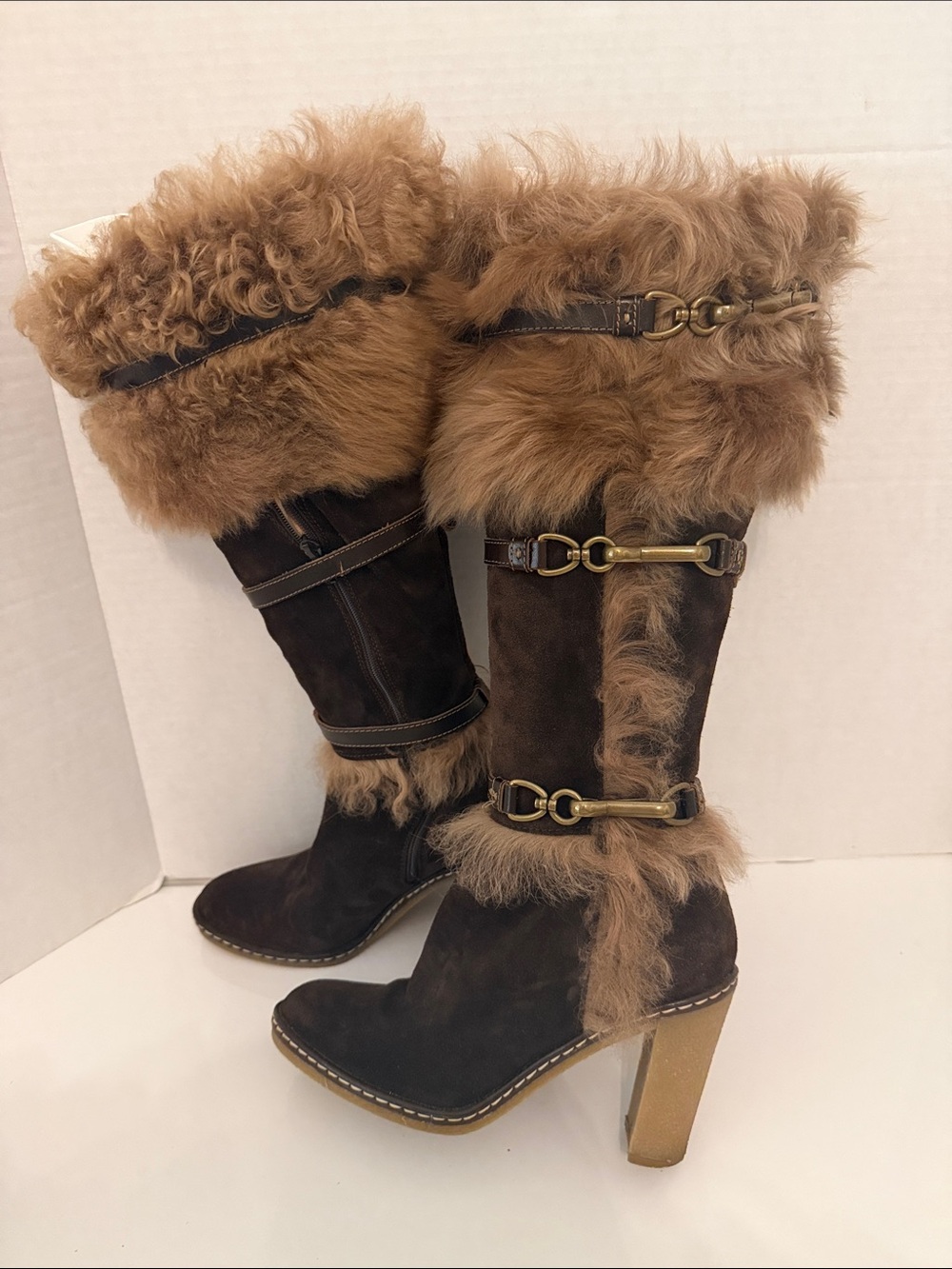 Coach Jessica Brown Suede Fur-Trim Knee Boots with Brass Hardware